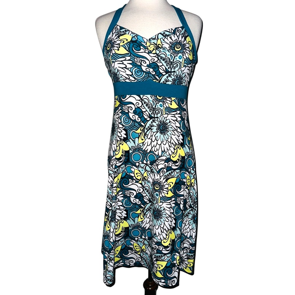 WB6 Prana Dress Teal Floral Halter Sleeveless Recycled Polyester Blend Medium